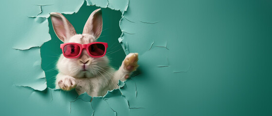 A cheeky white rabbit with red sunglasses creates a humorous break-in effect through paper - obrazy, fototapety, plakaty