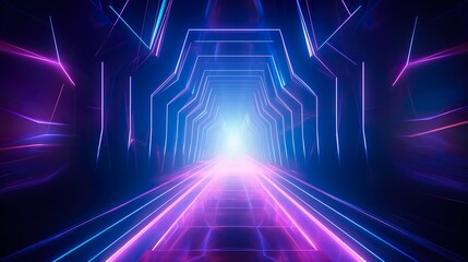 Digital illustration of a vibrant blue neon tunnel leading into bright light at the end, conveying...
