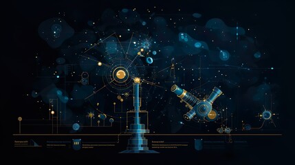 An intricately designed conceptual scientific illustration with a dark theme and celestial bodies
