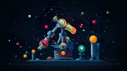 This eye-catching image showcases a stylistic and colorful interpretation of a microscope surrounded by dynamic elements
