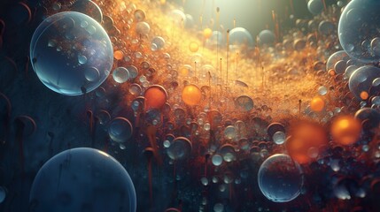 A fantastical underwater scene depicting orbs with colorful hues and varying sizes, gently floating amidst sparkling particles