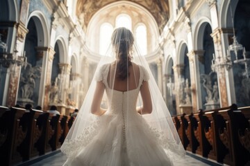 Obraz premium A dreamy wedding portrait: a bride in a luxurious dress poses in a brightly lit palace hall, viewed from the back.
