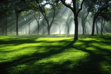 Fototapeta na wymiar Sunlight filtering through tree branches in a park