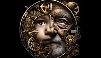 A fusion of human life and the merciless passage of time, where the faces of a child and an old man organically merge with the intricate hands and mechanisms of an ancient clock. The innocent look of 