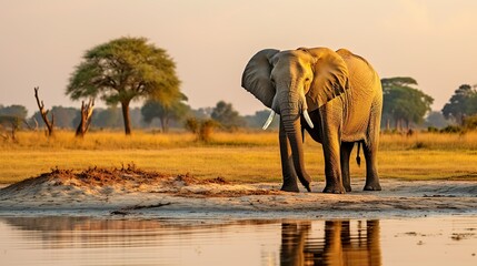 Fototapeta na wymiar A peaceful image of a lone elephant standing by the water's edge during the golden hour of sunset