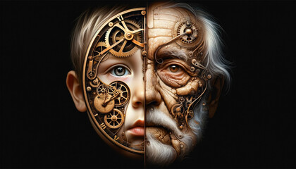 A fusion of human life and the merciless passage of time, where the faces of a child and an old man organically merge with the intricate hands and mechanisms of an ancient clock. The innocent look of  - obrazy, fototapety, plakaty