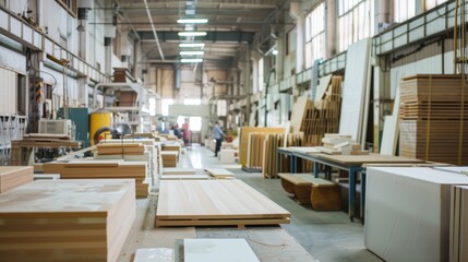 Long perspective of a carpentry workshop with wooden planks, boards, and furniture parts.