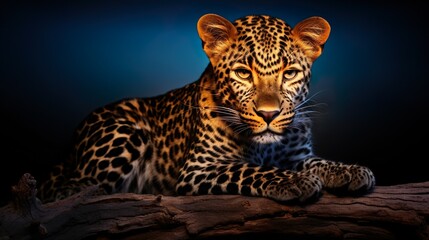 A contemplative leopard lies gracefully, basking in a surreal, soft glow that highlights its features