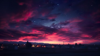 This digital painting captures the allure of a rosy night sky above a peaceful suburban landscape, evoking wonder - Powered by Adobe