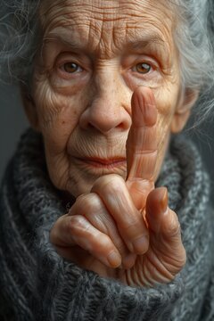 Close-up portrait, face of an old aged
strick woman. Teacher granny raise her hand with stretched forefinger. Warning, attention or discontent gesture.