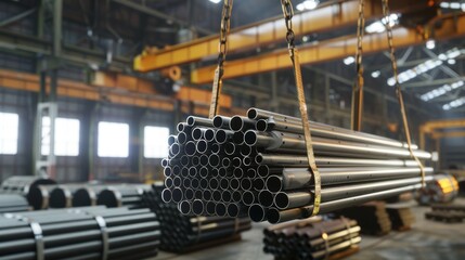 Stack of steel tubes hanging on crane at industrial warehouse. Industrial manufacturing and construction concept