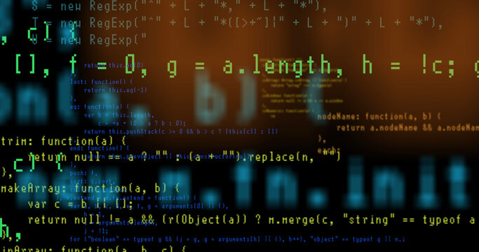 System crash, shaking program code glitch on black space. Jitter in arrays of computer code strings. Abstract computer code running in a virtual space