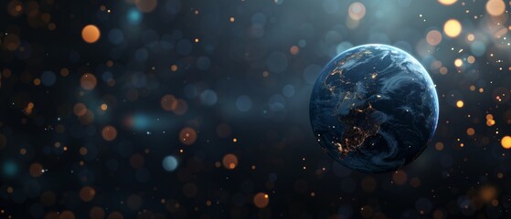 Earth planet wallpaper , black background with blurred lights and particles. Blue and orange lights.