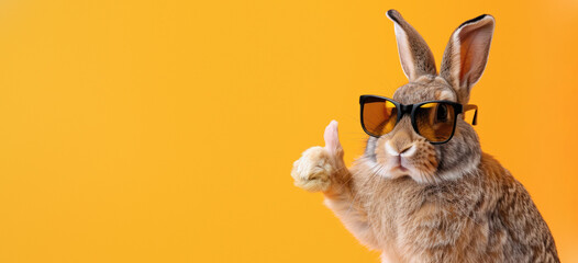 Adorable brown and white rabbit wears black sunglasses and gives a thumbs up on orange background