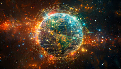 Obraz premium A digital globe surrounded by a web of interconnected lines and nodes. The image is a symbol of the power of connectivity to foster communication, collaboration, and understanding across borders