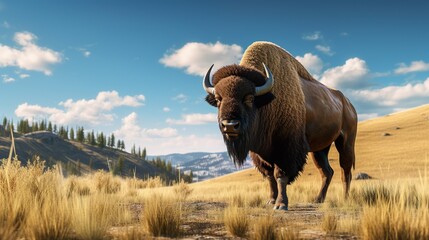 A single bison ambulates on a dirt path with vibrant blue sky and sparse clouds above