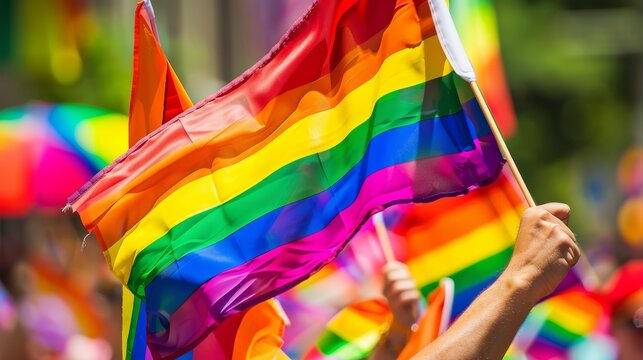 Vibrant rainbow flags held high at pride celebration.