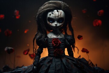 Ghostly presence: a scary zombie doll on a dark background with roses.