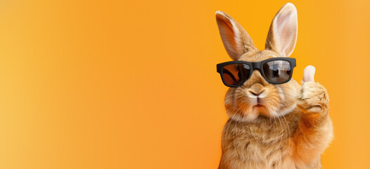 This chic rabbit makes a statement with sleek black sunglasses giving a thumbs up in a studio...