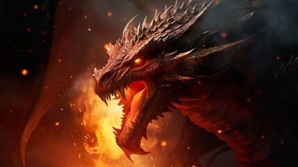 A formidable dragon unleashes a ferocious fire breath upon unseen foes in a dramatic battle scene
