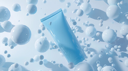 A 3D advertisement banner for a summer fresh sunscreen. A blue plastic tube appears to be floating amidst white molecules against a backdrop of white walls. - obrazy, fototapety, plakaty