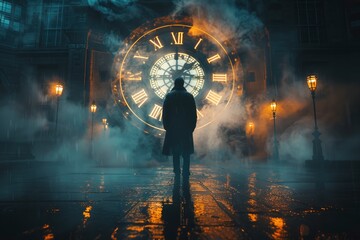 Time running out, a man stands in front of an oversized clock