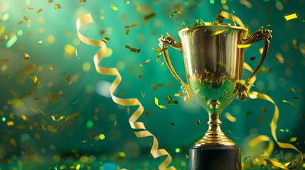 Shimmering gold trophy cup with green bokeh and golden streamers. Celebration and success concept