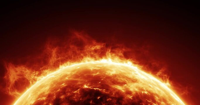 3D simulation showcasing the central luminary of our solar system. The camera revolves around, exposing the emission of nebulous gases emanating from the Sun's exterior with solar eruptions.