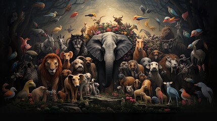 A beautifully composed image of varied animal species peacefully gathered in a mystical forest clearing, symbolizing unity and biodiversity
