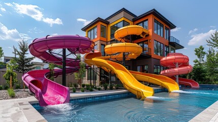 A vibrant water park oasis with sinuous slides in bold colors, a refreshing slide into a thrilling aquatic world under clear skies