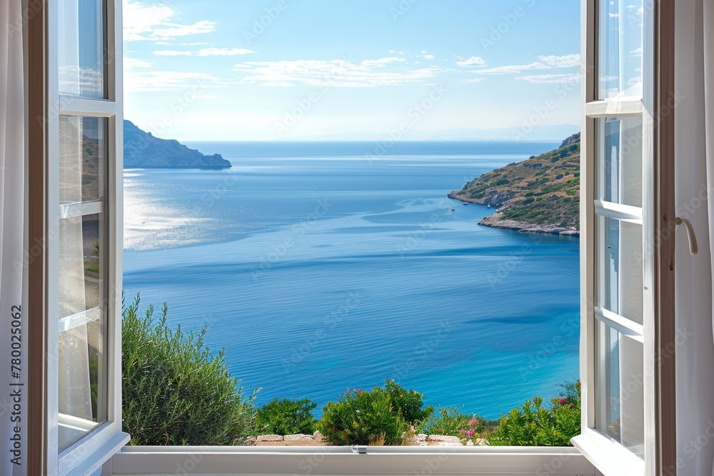 Poster a beautiful view of the ocean from a window