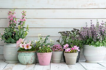 Fototapeta na wymiar Different flowers in pots on wooden table