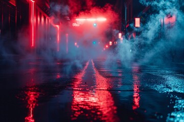 Wet asphalt, reflection of neon lights, a searchlight, smoke. Abstract light in a dark empty street...