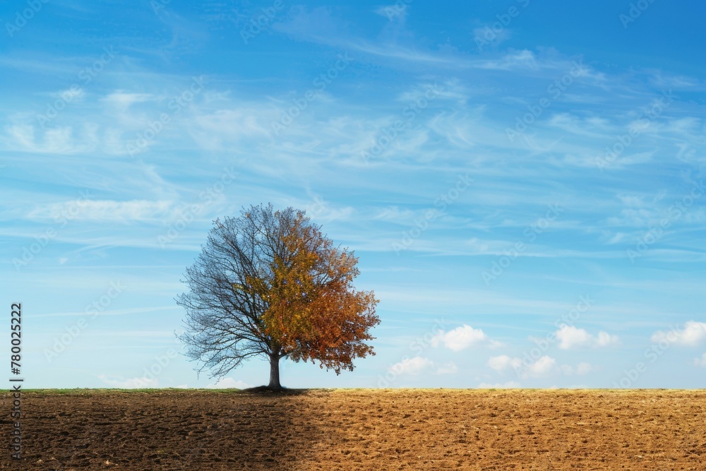 Poster tree in ecology and drought concept. climate change and record heat. background with selective focus