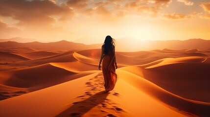 A solitary female figure walks on the orange sands of vast dunes, leaving footprints as the sun sets on the horizon