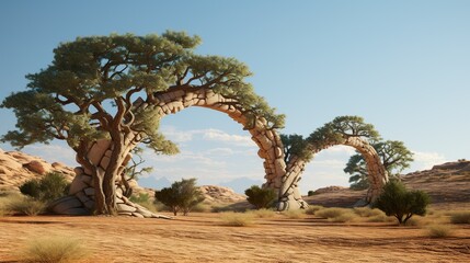 Fototapeta premium A whimsical scene featuring uniquely twisted archway trees creating an enchanted walkway in a desert