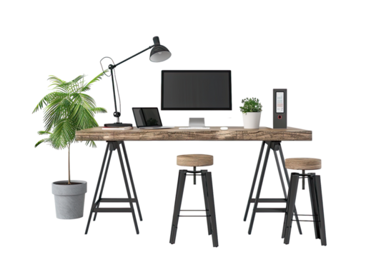 Wooden stools at desk with lamp desktop computer and plant in white workspace interior isolated on Transparent 
