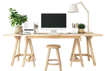 Wooden stools at desk with lamp desktop computer and plant in white workspace interior isolated on Transparent 