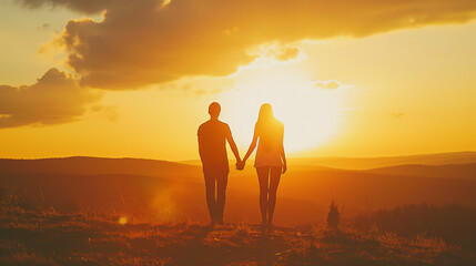 Silhouette of a couple holding hands against a vibrant sunset sky, a symbol of love and partnership - suitable for social media posts, relationship articles, and love-themed events
