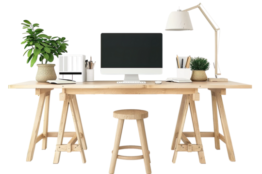 Wooden stools at desk with lamp desktop computer and plant in white workspace interior isolated on Transparent 