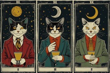 minimalistic tarot with of CAT WEARING A SUIT, ornament cartoon simple vectorial, classic tarot card