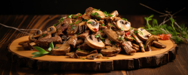 Cooked Beef stroganoff with green herbs on wooden board.