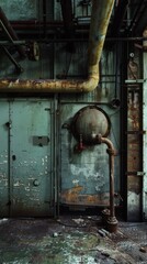 Abandoned industrial equipment and piping against a decayed wall