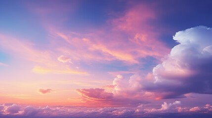 Peaceful and serene image of a sky filled with soft, fluffy clouds and a gradient of sunset colors - obrazy, fototapety, plakaty