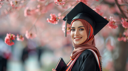 Smiling Muslim Woman in Graduation Cap Among Spring Blossoms, New Beginnings