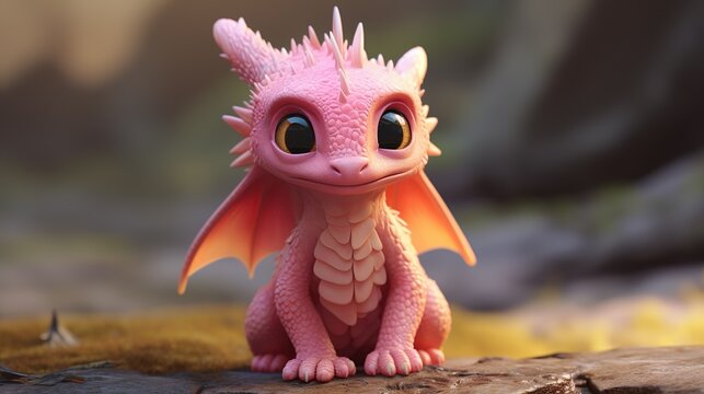This adorable pink dragon with big eyes and wings sits on a rock, giving a friendly and magical vibe to the image