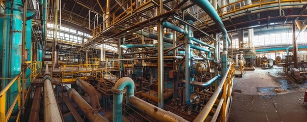 Panoramic view of complex piping in old industrial factory. Manufacturing and engineering concept