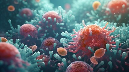 This image emphasizes the interaction between prominent viruses and surrounding cellular material