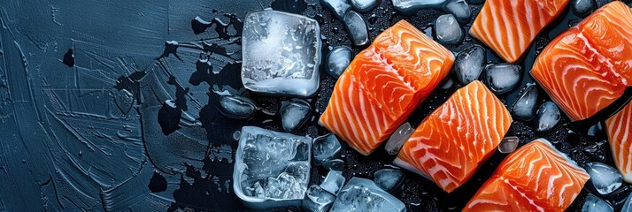 horizontal banner for fish market, fresh seafood, salmon slices lying on crushed ice, ice cubes, food preservation, background, copy space, free space for text