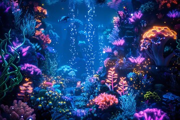 Fantastical aquatic realm teeming with luminescent marine life and vibrant coral formations beneath the waves.